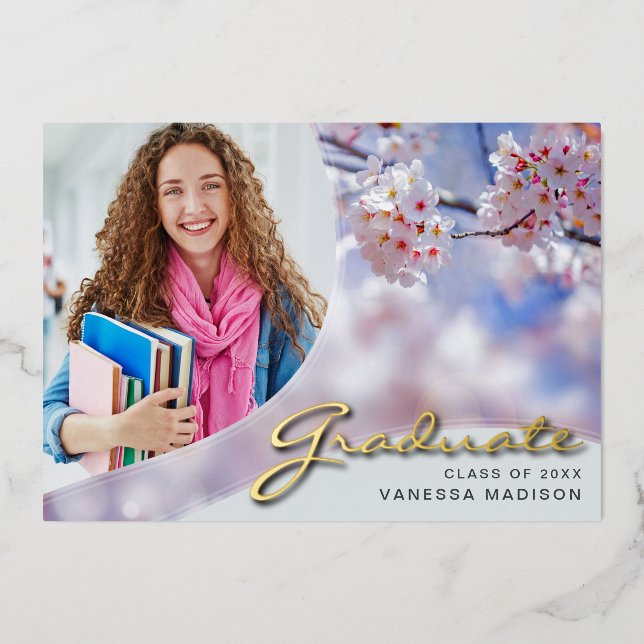 Elegant Script Flowers | Modern Photo Grad Card (Front)