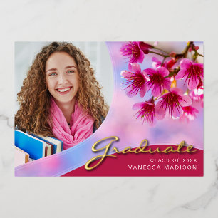 Elegant Script Flowers   Modern Photo Grad Card