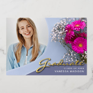 Elegant Script Flowers Modern Photo Grad Card