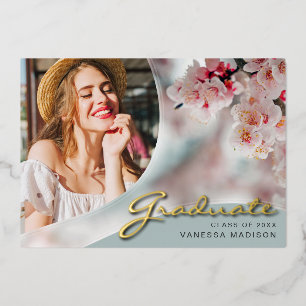 Elegant Script Flowers   Modern Photo Grad Card