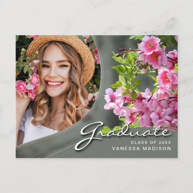 Elegant Script Flowers Sage | Modern Photo Grad Postcard (Front)