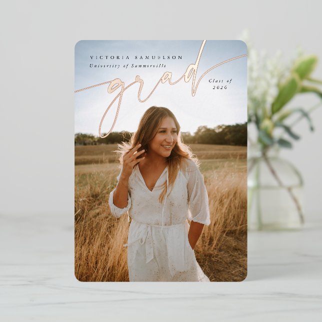 Elegant Script Foil Graduation Photo Announcement (Standing Front)