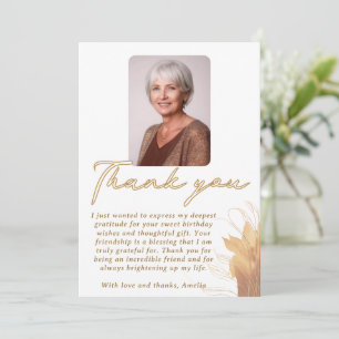 Elegant Script Foliage Photo Birthday Thank You Card