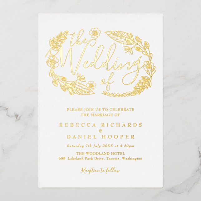 Elegant Script Foliage Wedding Gold Foil Invitatio (Front)