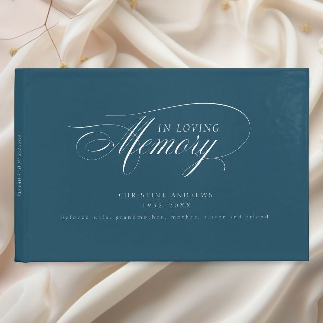 Elegant, Script Font "In Loving Memory" Funeral Guest Book (Elegant, Script Font "In Loving Memory" Funeral Guest Book, Blue.)