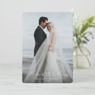Elegant Script Font Married + Merry Photo Holiday Card