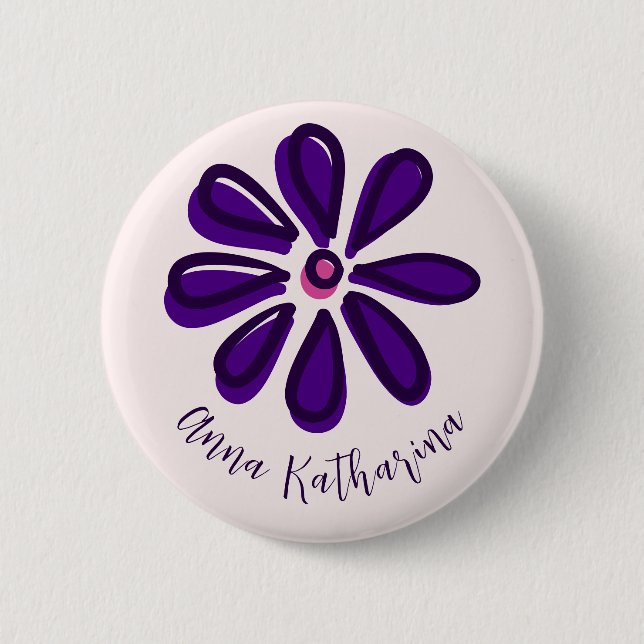 Elegant Script Font Name Purple Flower Doodle 6 Cm Round Badge (Front)