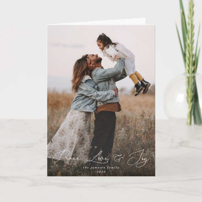 Elegant Script Font Peace Love+Joy Christmas Photo Card (Front)