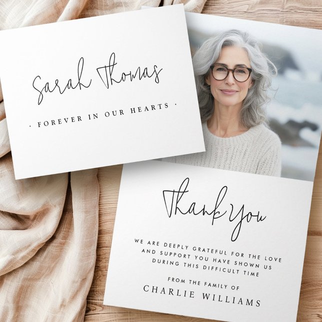 Elegant script forever in our hearts funeral photo thank you card (Elegant script forever in our hearts funeral photo thank you card)