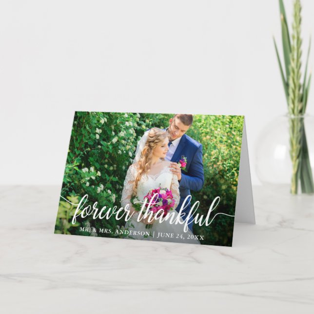Elegant Script Forever Thankful Wedding Fold Thank You Card (Front)