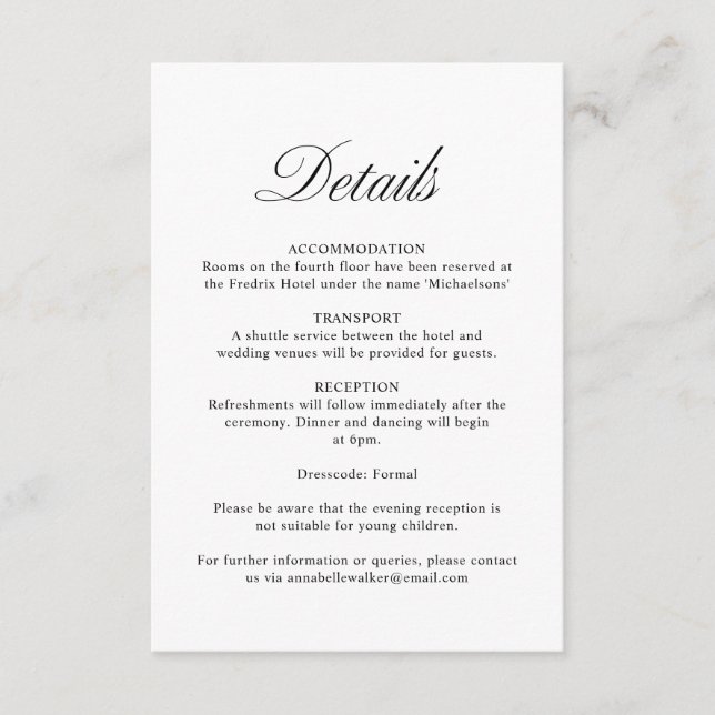Elegant Script Formal White Wedding Details Enclosure Card (Front)