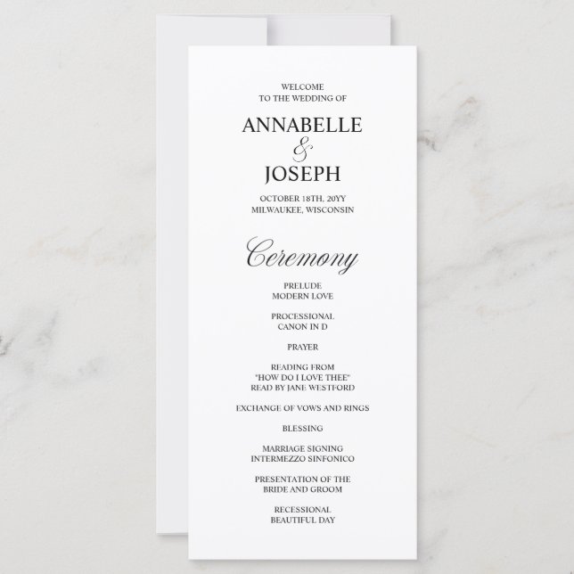 Elegant Script Formal White Wedding Program (Front)