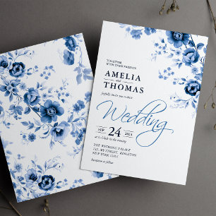 Elegant Script French Blue Floral Toile Wedding  Invitation
