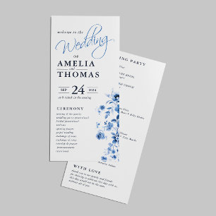 Elegant Script French Blue Floral Toile Wedding  Programme