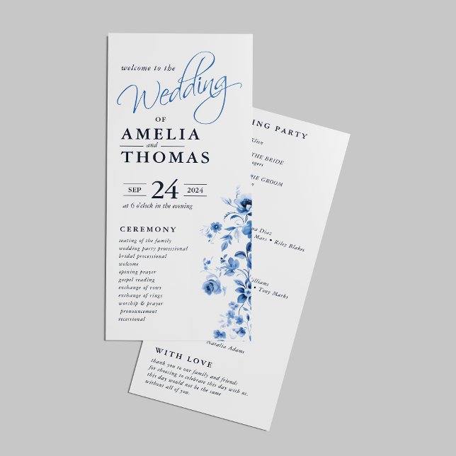 Elegant Script French Blue Floral Toile Wedding  Programme (Creator Uploaded)
