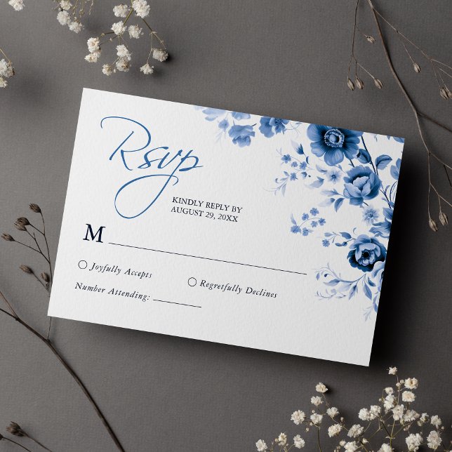 Elegant Script French Blue Floral Toile Wedding  RSVP Card (Creator Uploaded)
