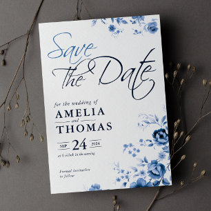 Elegant Script French Blue Floral Toile Wedding Save The Date