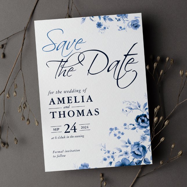 Elegant Script French Blue Floral Toile Wedding  Save The Date (Creator Uploaded)