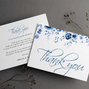 Elegant Script French Blue Floral Toile Wedding Thank You Card
