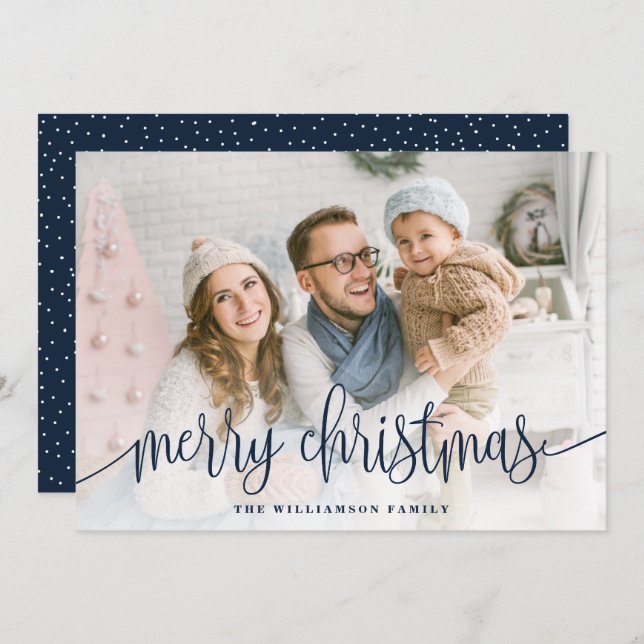Elegant Script Full Photo Merry Christmas Navy Holiday Card (Front/Back)