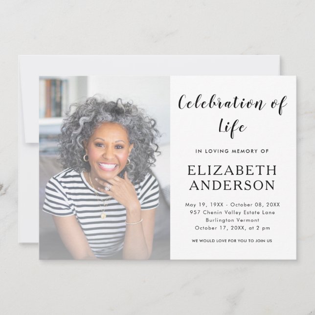 Elegant Script Funeral Photo Celebration of Life Invitation (Front)