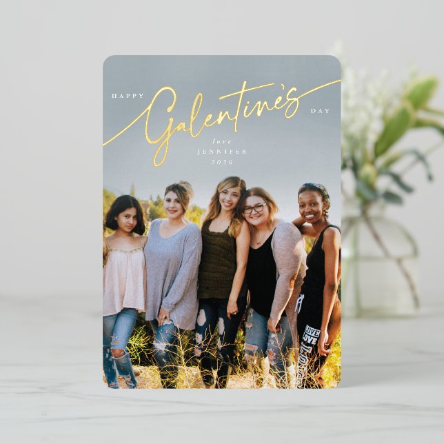 Elegant Script Galentine's Day Foil Photo Card (Standing Front)