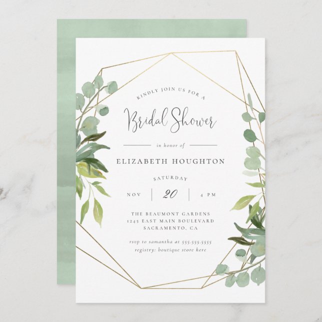 Elegant Script Geometric Greenery Bridal Shower Invitation (Front/Back)