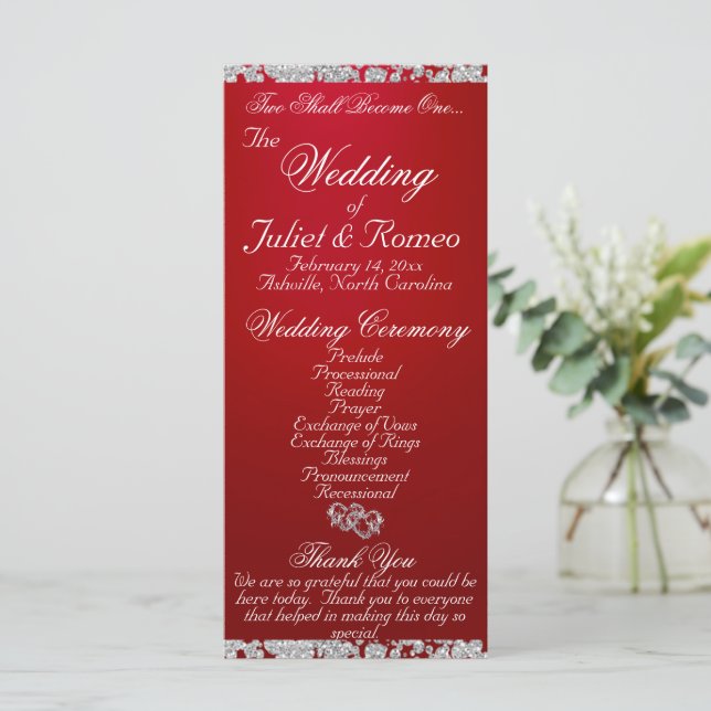 Elegant Script & Glitter - Crimson Wedding Programme (Standing Front)