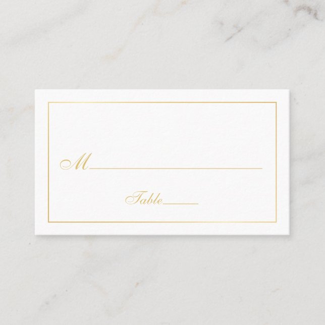 Elegant Script Gold and White Wedding Place Card (Front)