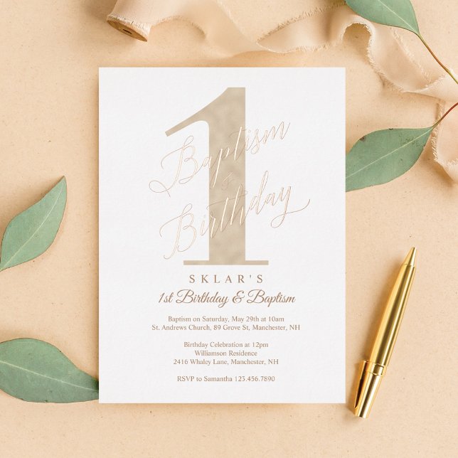 Elegant Script Gold Baby's 1st Birthday & Baptism (Elegant Script Gold Baby's 1st Birthday & Baptism Foil Invitation)