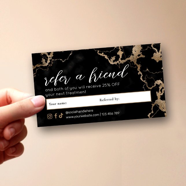 Elegant Script Gold & Black Marble Beauty Salon Referral Card (Elegant black and gold marble Refer a Friend discount cards with fully customizable text)