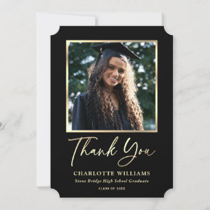 Elegant Script Gold Black Modern Photo Graduation Thank You Card