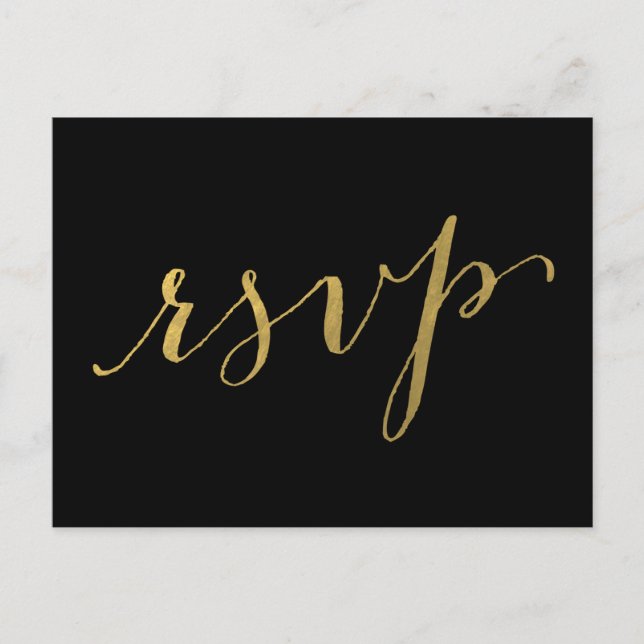 Elegant Script Gold Black Wedding RSVP Invitation Postcard (Front)