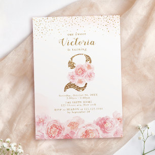 Elegant script gold & blush floral 2nd birthday in invitation