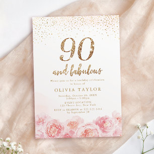Elegant script gold & blush floral 90th birthday invitation