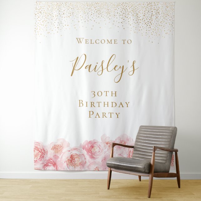 Elegant Script gold & blush floral birthday party Tapestry (In Situ)