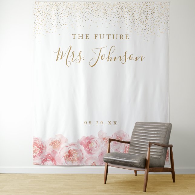 Elegant Script gold & blush floral bridal shower Tapestry (In Situ)