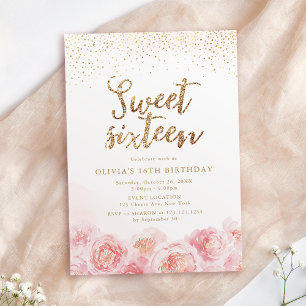 Elegant script gold & blush floral sweet sixteen invitation