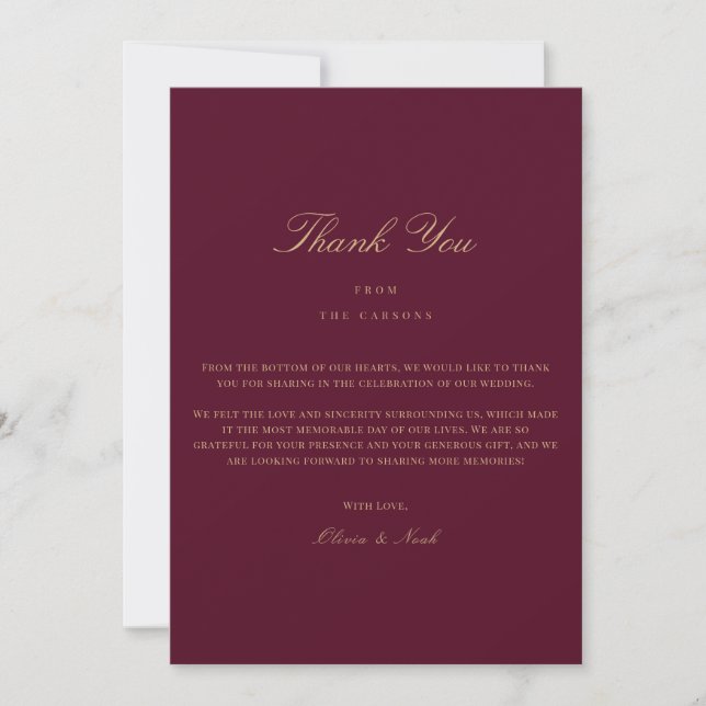 Elegant Script Gold & Burgundy Thank you Card (Front)