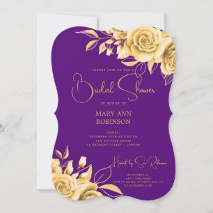 Elegant Script Gold Floral Bridal Shower Purple Invitation