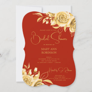 Elegant Script Gold Floral Bridal Shower Red Invitation
