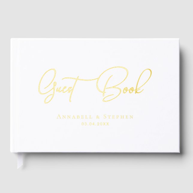 Elegant, Script Gold-Foil-Font Wedding Guest Book (Front)