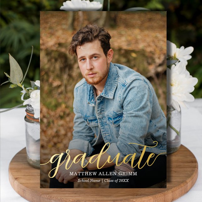 Elegant Script Gold Foil Photo Graduation (Elegant script REAL gold foil graduation announcements with your details on the back)