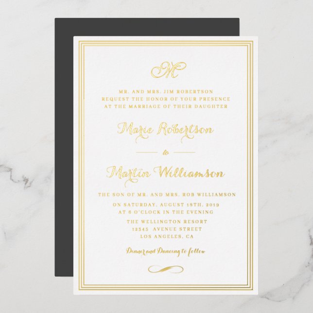Elegant script gold frame wedding invitation (Front/Back)
