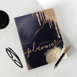 Elegant Script Gold Glitter Drips Navy Watercolor Planner<br><div class="desc">An elegant and glamourous personalised planner. The design features a dark moody ink watercolor texture background with accents of gold. A faux glitter drip graphic is added to the top of the notebook. Customise with your own text,  name,  and year.</div>