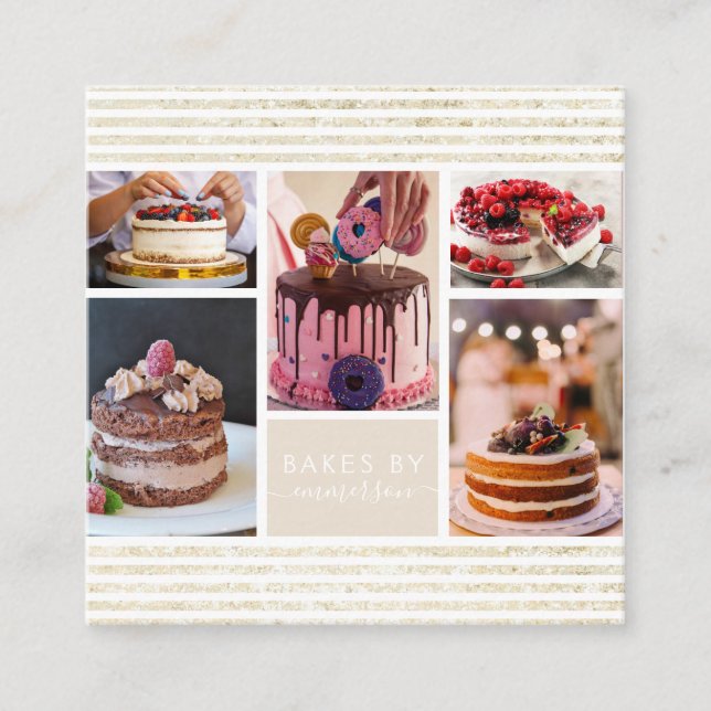 Elegant Script Gold Glitter Photo Collage Bakery Square Business Card (Front)