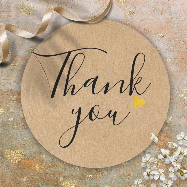 Elegant Script Gold Heart Rustic Kraft Thank You Classic Round Sticker (Elegant Script Gold Heart Rustic Kraft Thank You Classic Round Sticker)