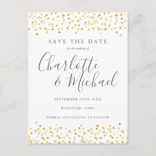 Elegant Script Gold Hearts Confetti Save the Date Postcard (Front)