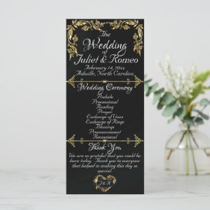 Elegant Script & Gold Leaves - Black Wedding Programme