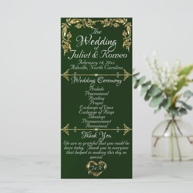 Elegant Script & Gold Leaves - Emerald Wedding Programme (Standing Front)